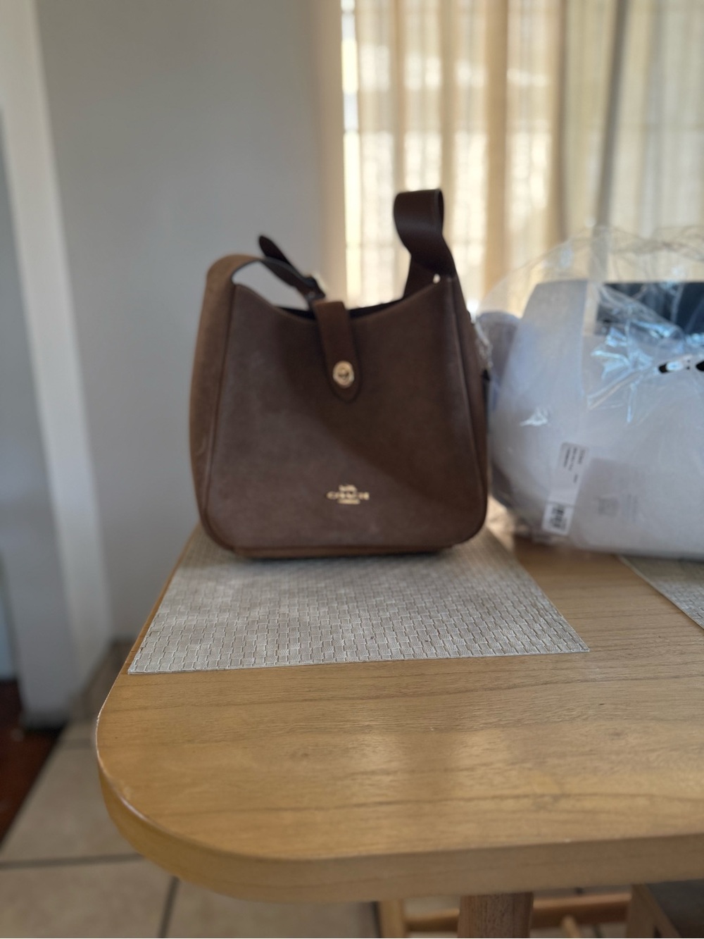 Coach Brown Suede Shoulder Bag with Gold Logo